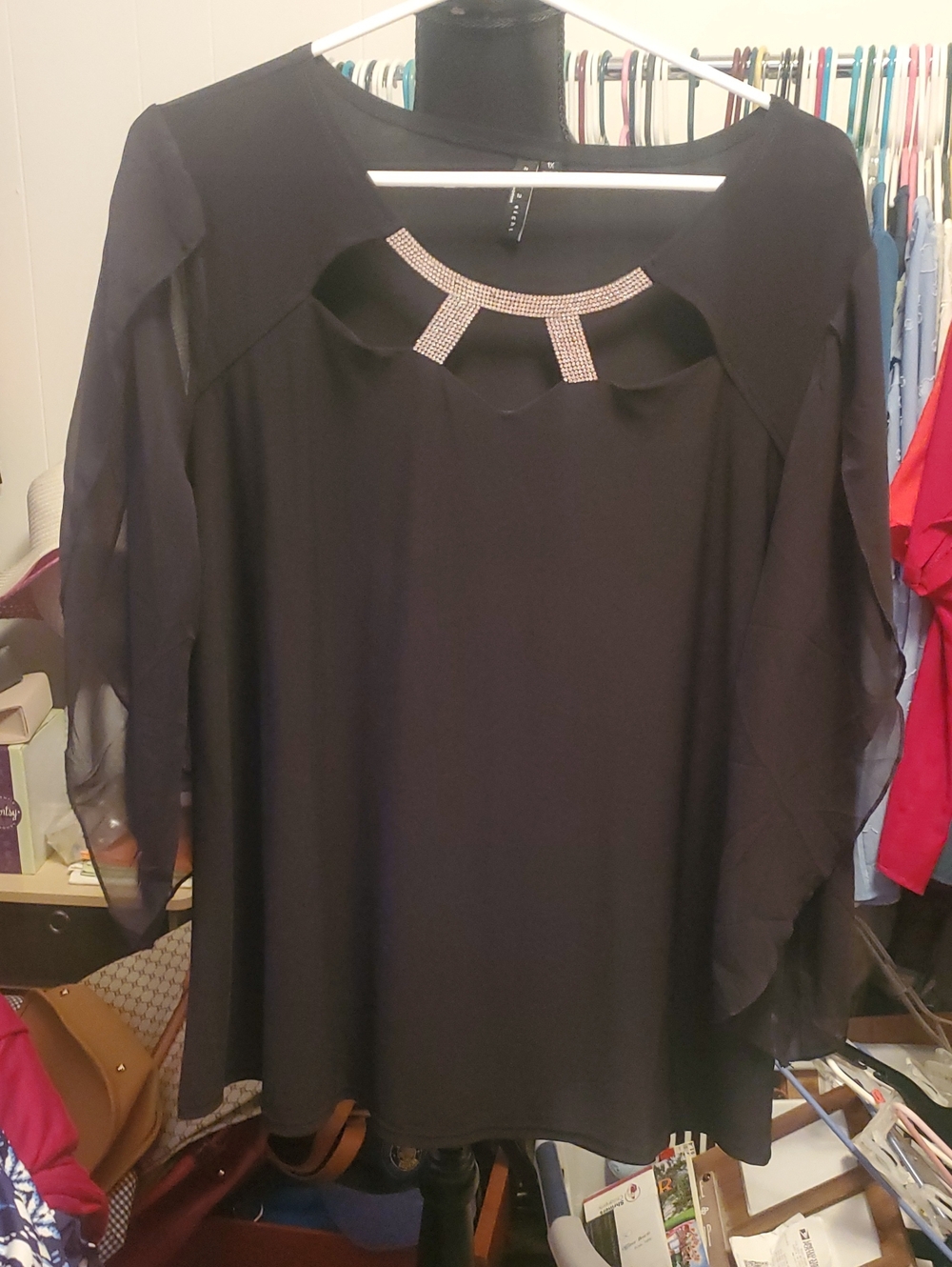 Black Chiffon-Sleeve Women's Blouse with Rhinestone Neck Accent